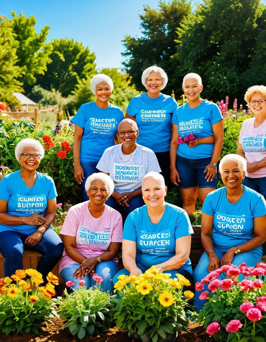 A diverse group of cancer survivors joyfully sharing their stories in a bright, sunlit community garden, surrounded by vibrant flowers and greenery. They hold signs promoting awareness and prevention, with a backdrop of a clear blue sky. The scene radiates hope and resilience, showcasing the strength of community support. Super-realistic. Vibrant colors. 3D.