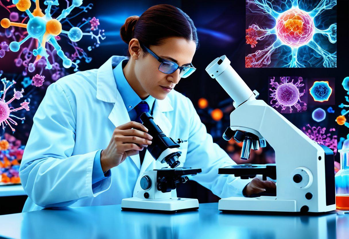 A dynamic collage showcasing innovative cancer treatment technologies: a researcher in a lab coat examining a microscope, a patient receiving immunotherapy, high-tech equipment like a proton therapy machine, and vibrant molecular structures in the background. Emphasize a feeling of hope and advancement with bright, uplifting colors. 3D. vibrant colors.